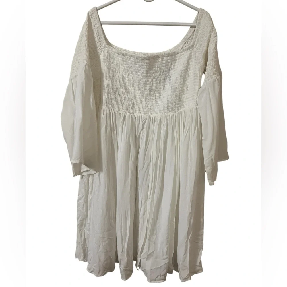 Torrid NWT ivory off the shoulder smocked long bell sleeve skater mini dress - Picture 3 of 12